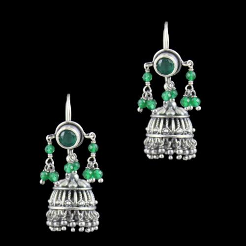Oxidized Silver Hanging Jhumka Earrings With Green Hydro And Jade  Beads