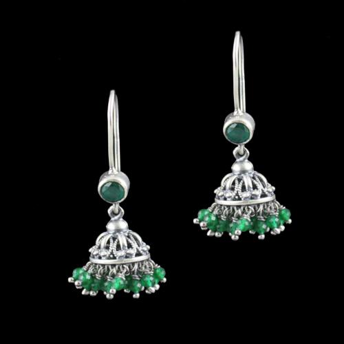 Oxidized Silver Hanging Jhumka Earrings With Green Hydro Stone And Jade Beads