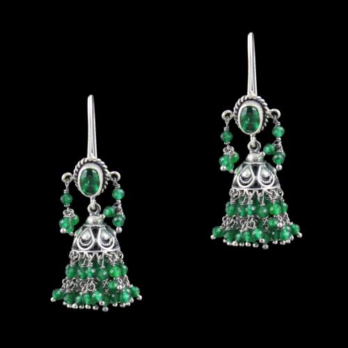 Oxidized Silver Hanging Jhumka Earrings With Green Hydro Stone And Jade Beads