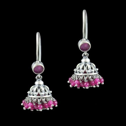 Oxidized Silver Hanging Jhumka Earrings With Red Corundum Stone And Onyx Beads