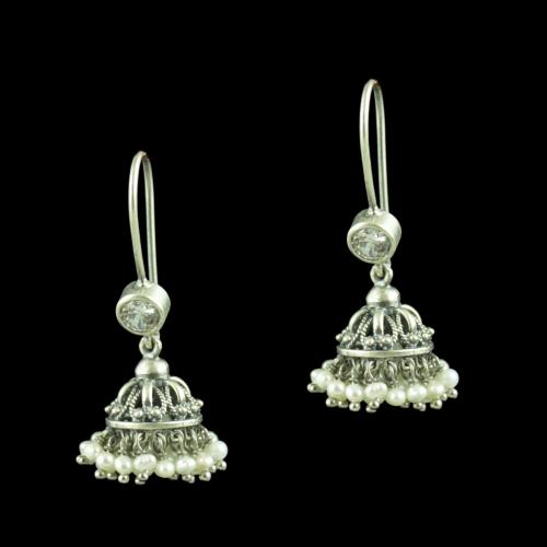 Oxidized Silver Hanging Jhumka Earrings With CZ Stone And Pearl Drops