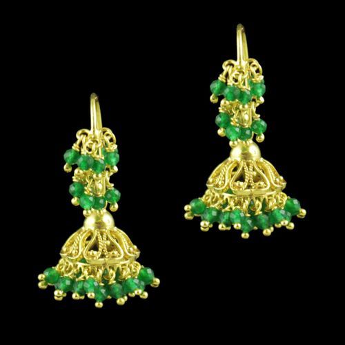 Gold Plated Hanging Jhumka Earrings With Green Hydro And Jade Beads