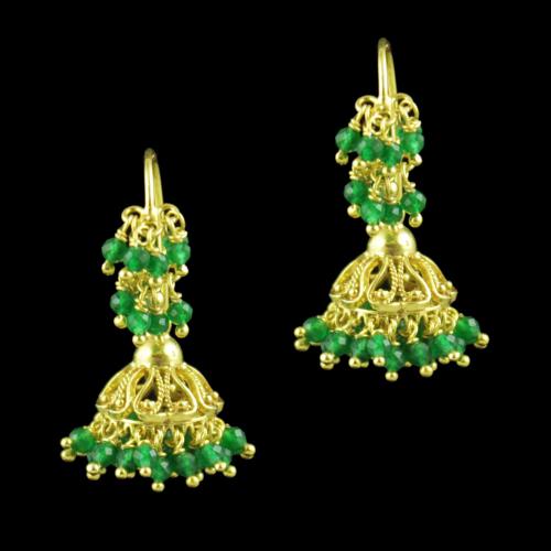 Gold Plated Hanging Jhumka Earrings With Green Hydro And Jade Beads