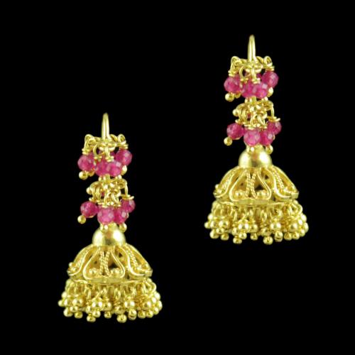 Gold Plated Hanging Jhumka Earring With Red Onyx Beads