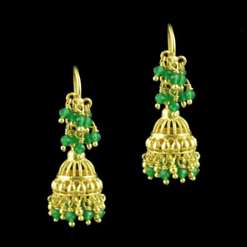 Gold Plated Hanging Jhumka Earrings With Green Hydro And Jade Beads