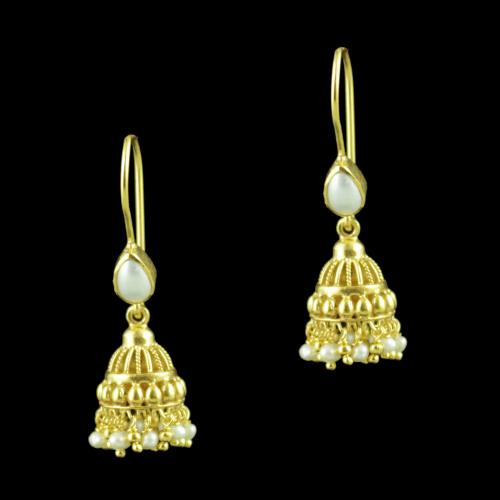 Gold Plated Hanging Jhumkas With Pearl Beads