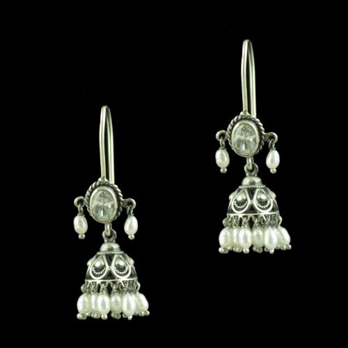Oxidized Silver Hanging jhumka With C Z Stone And Pearl Beads