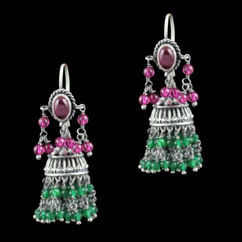 Oxidized Silver Hanging jhumka With Red Corundum And Jade Beads