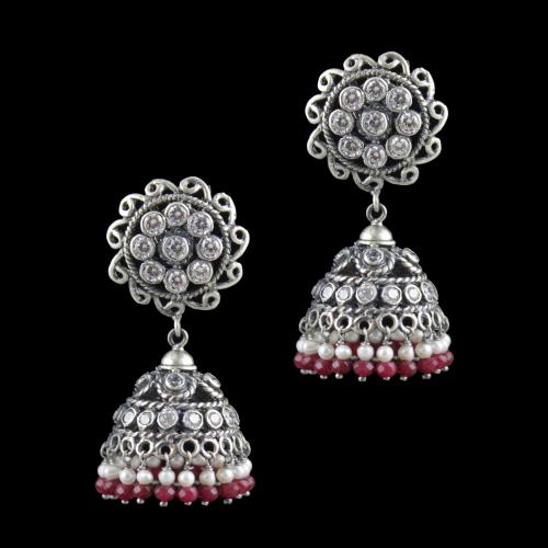 Oxidized Silver Floral Jhumkas CZ Stones With Red Onyx And Pearl Beads