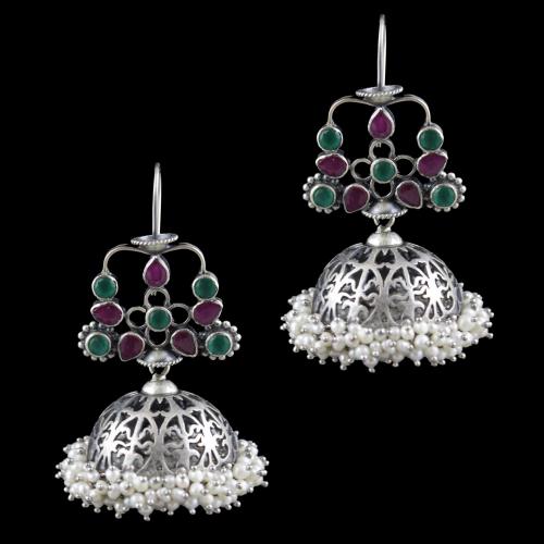 Oxidized Silver Jhumka With Green Hydro Red Corundum And Pearl Beads
