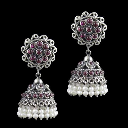 Oxidized Silver Floral Jhumkas Red Onyx Stones And Pearl Beads
