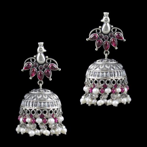 Oxidized Silver Jhumka With  Red Corundum And Pearl Beads