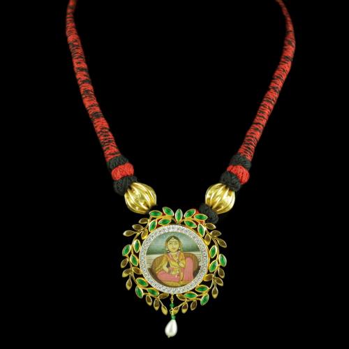 Gold Plated Hand Painting Thread Necklace With CZ Green Hydro Stones And pearl Drops