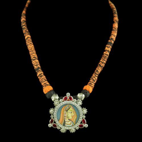 Oxidized Silver Hand Painting Thread Necklace With CZ And Red Corundum Stones