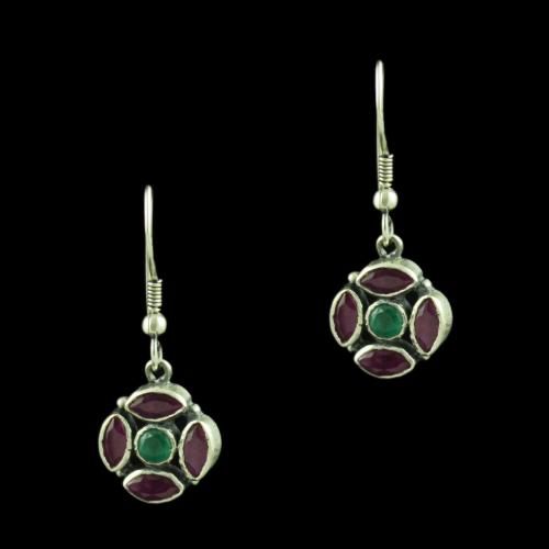 Oxidized Silver Floral Hanging Earring With Red Corundum And Green Hydro Stones