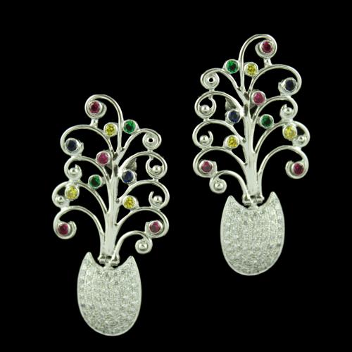Silver Floral Drops Earring With Multi Color Stones