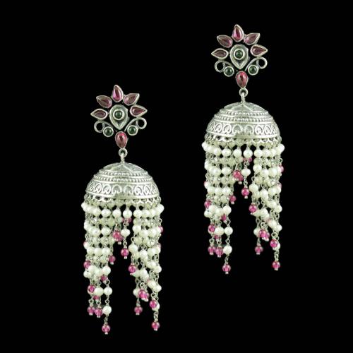 Oxidized Silver Jhumkas With Red Corundum And Pearl Beads