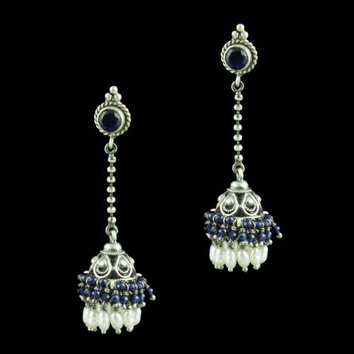 Oxidized Silver Chain Drops Jhumkas With Sapphire Blue And Pearl Beads