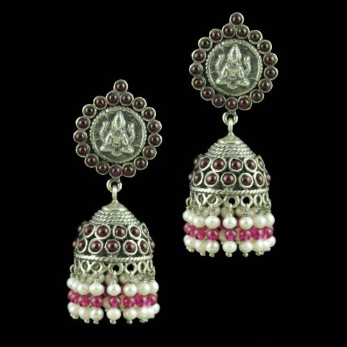 Oxidized Silver Lakshmi Coin Jhumkas With Red Onyx Stones Corundum And Pearl Beads