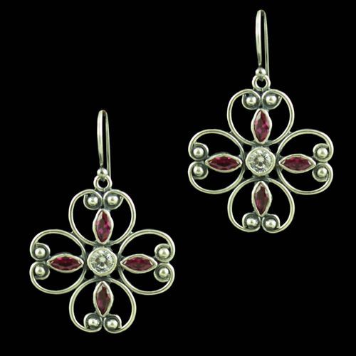 Oxidized Silver Red Corundum And CZ Stones Hanging Earrings
