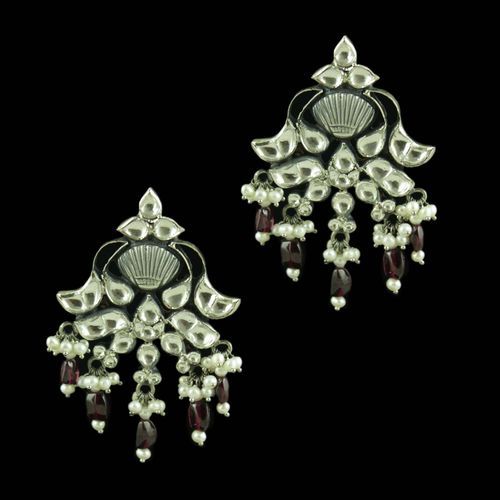 Oxidized Silver Kundan And Garnet Stones Pearl Beads Drops Earrings