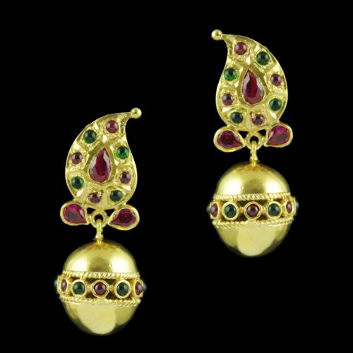 Gold Plated Mango Design Earrings With Red Corundum And Onyx Stones