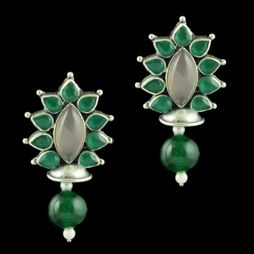 Oxidized Silver Floral Design Earrings With Green Hydro Pink And Green Onyx Pearl Beads