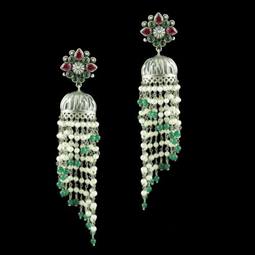 OXIDIZED SILVER JHUMKAS STUDDED RED AND GREEN CORUNDUM STONES WITH JADE PEARL BEADS