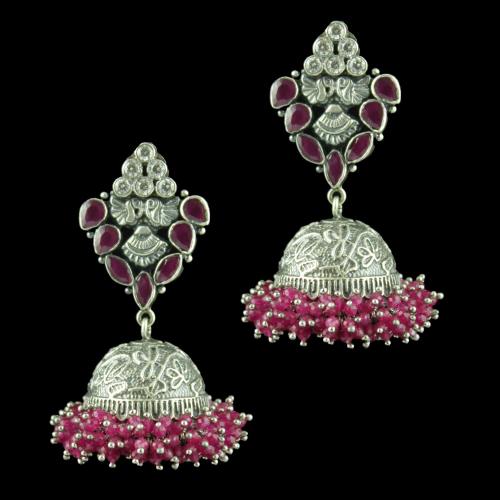 OXIDIZED SILVER JHUMKAS STUDDED CZ AND RED CORUNDUM STONES AND BEADS