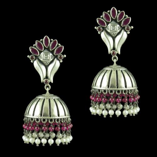 OXIDIZED SILVER JHUMKAS STUDDED RED CORUNDUM STONES AND PEARL BEADS