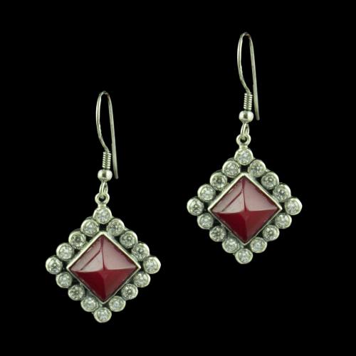 OXIDIZED SILVER HANGING EARRINGS STUDDED RED ONYX AND CZ STONES