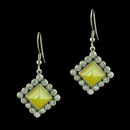 OXIDIZED SILVER HANGING EARRINGS STUDDED YELLOW ONYX AND CZ STONES