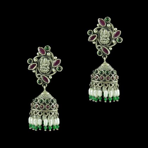 OXIDIZED SILVER JHUMKAS STUDDED RED CORUNDUM GREEN HYDRO STONES AND PEARL JADE BEADS