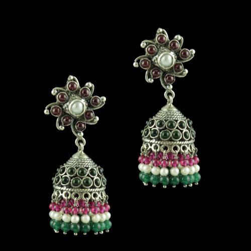 OXIDIZED SILVER JHUMKAS STUDDED RED CORUNDUM GREEN ONYX STONES AND PEARL JADE BEADS
