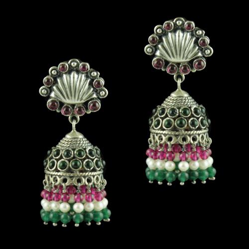 OXIDIZED SILVER JHUMKAS STUDDED RED AND GREEN ONYX STONES AND PEARL JADE BEADS