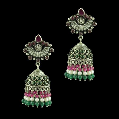 OXIDIZED SILVER JHUMKAS STUDDED RED CORUNDUM GREEN ONYX STONES AND PEARL JADE BEADS