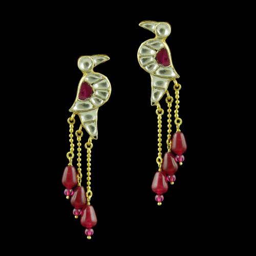 GOLD PLATED PARROT DESIGN KUNDAN STONES EARRINGS WITH RUBY BEADS