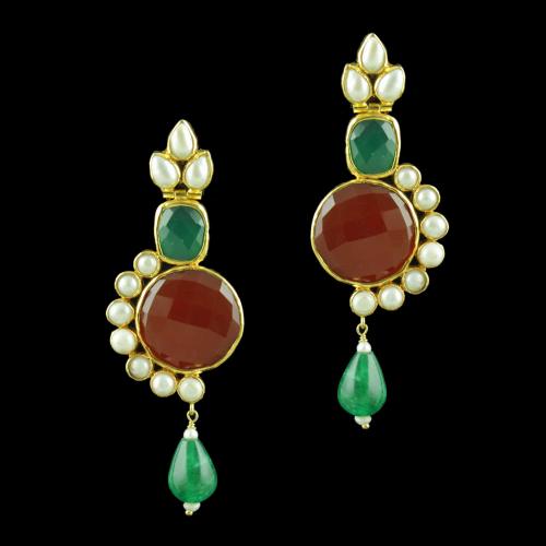 GOLD PALTED RED GREEN ONYX AND PEARL STONES DROPS EARRINGS