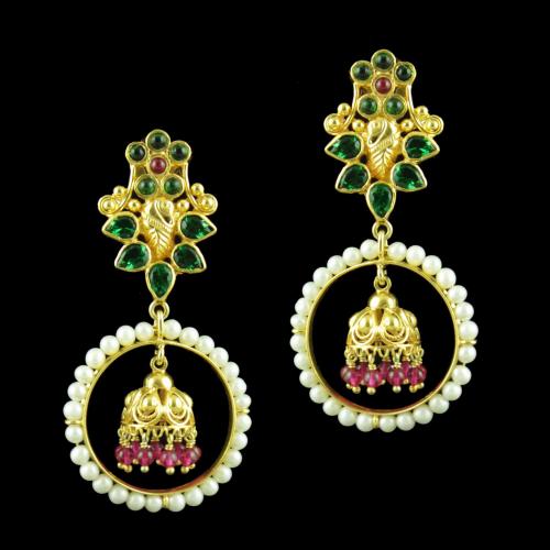 GOLD PLATED DROPS EARRINGS STUDDED WITH GREEN HYDRO PEARL CORUNDUM AND JADE STONES