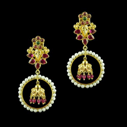 GOLD PLATED DROPS EARRINGS STUDDED PEARL AND RED CORUNDUM STONES
