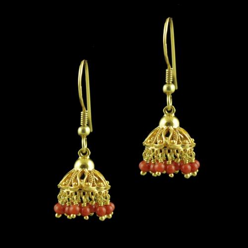 GOLD PLATED CORAL BEADS JHUMKAS EARRINGS