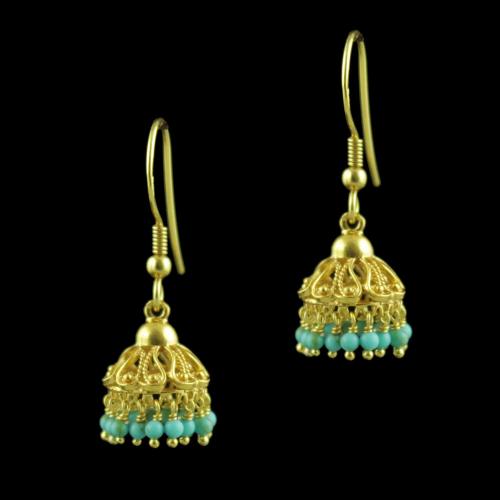 GOLD PLATED TURQUOIST BEADS JHUMKAS EARRINGS