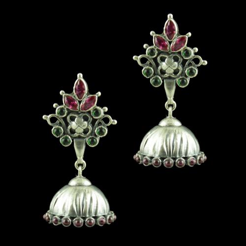 OXIDIZED SILVER JHUMKAS STUDDED RED CORUNDUM AND GREEN HYDRO STONES