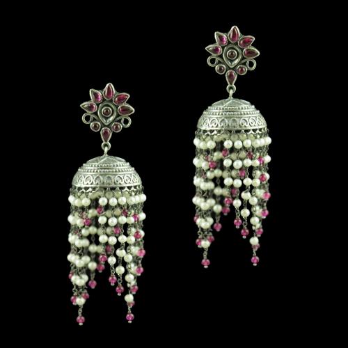 OXIDIZED SILVER JHUMKAS STUDDED RED CORONDUM STONES AND PEARL