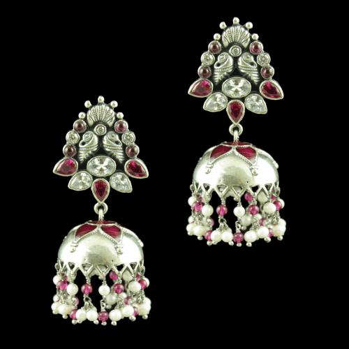 OXIDIZED SILVER JHUMKAS STUDDED CZ AND RED CORONDUM STONES WITH PEARL