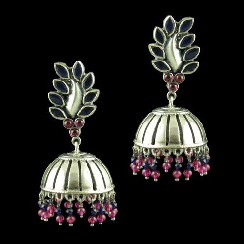 OXIDIZED SILVER JHUMKAS STUDDED BLUE SAPPHIRE AND CORUNDUM BEADS