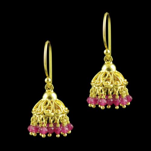 GOLD PLATED HANGING JHUMKA EARRINGS WITH RUBY BEADS