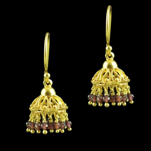 GOLD PLATED HANGING JHUMKA EARRINGS WITH GARNET BEADS