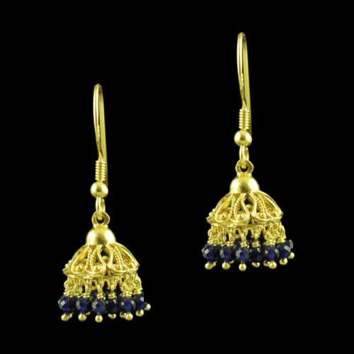GOLD PLATED HANGING JHUMKA EARRINGS WITH BLUE SAPPHIRE BEADS