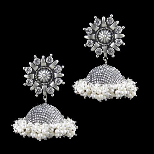 OXIDIZED SILVER JHUMKAS STUDDED CZ STONES AND PEARL